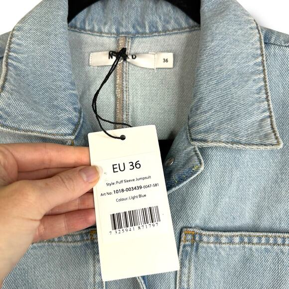 NA-KD NWT Cotton Denim Jean Belted Puff Sleeve Button Collard Denim Jumpsuit - Picture 10 of 11